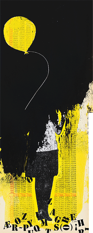 Rasterdruck der unteren Körperhälfte einer Turnerin mit gelbem Ballon auf schwarzem Hintergrund.